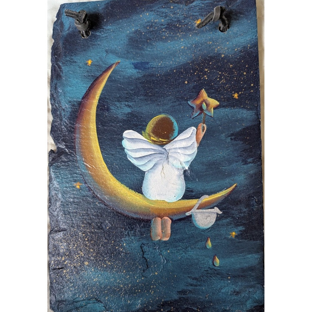 Hand Painted Celestial Moon Angel Whimsigoth Vintage Slate Sky Wall Art Garden